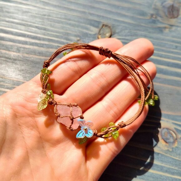 Boho Rose Quartz Garden Bracelet Adjustable Macrame with Pink Crystal Center - Picture 4 of 5